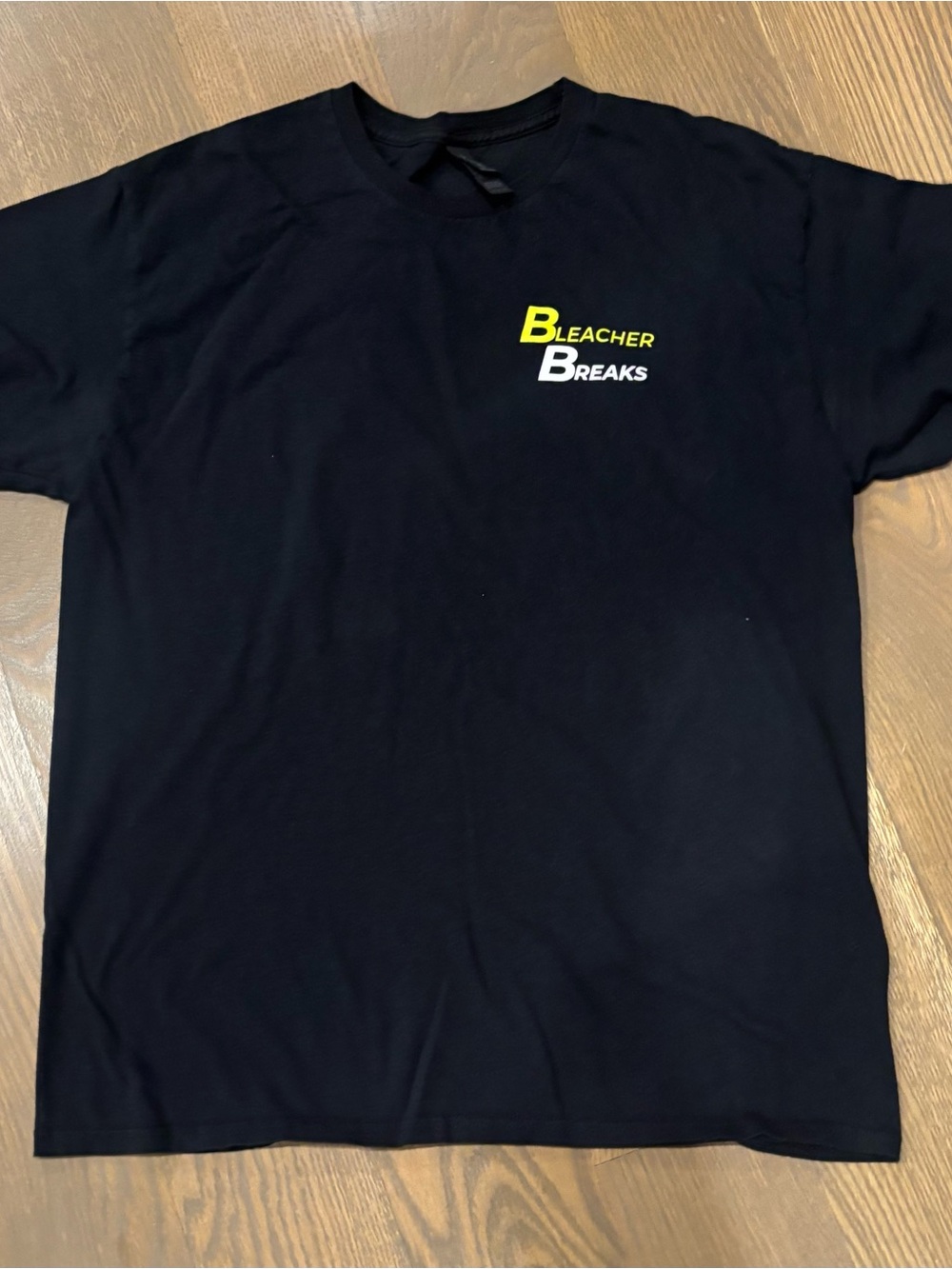 Gildan Large Black Tee with Yellow & White 'Bleacher Breaks' Logo